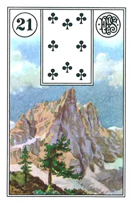 Lenormand-Karte Der Berg — ein imposanter Berg, der den Weg blockiert